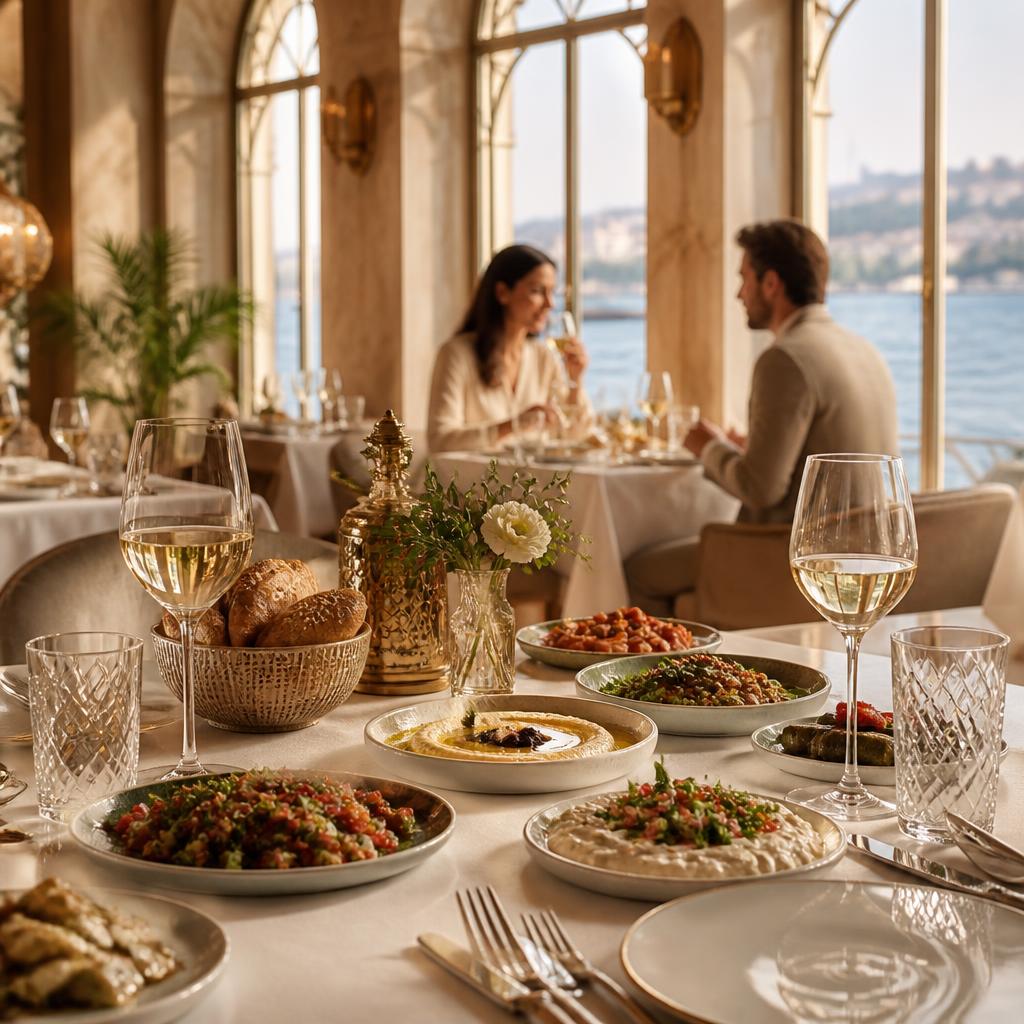 Sunlit Istanbul restaurant dining room set for lunch