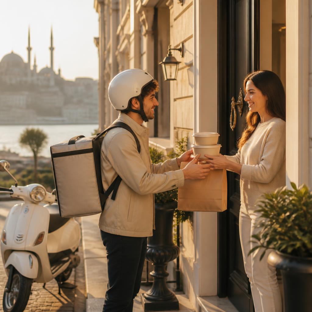Courier handing over a paper bag of Turkish takeaway